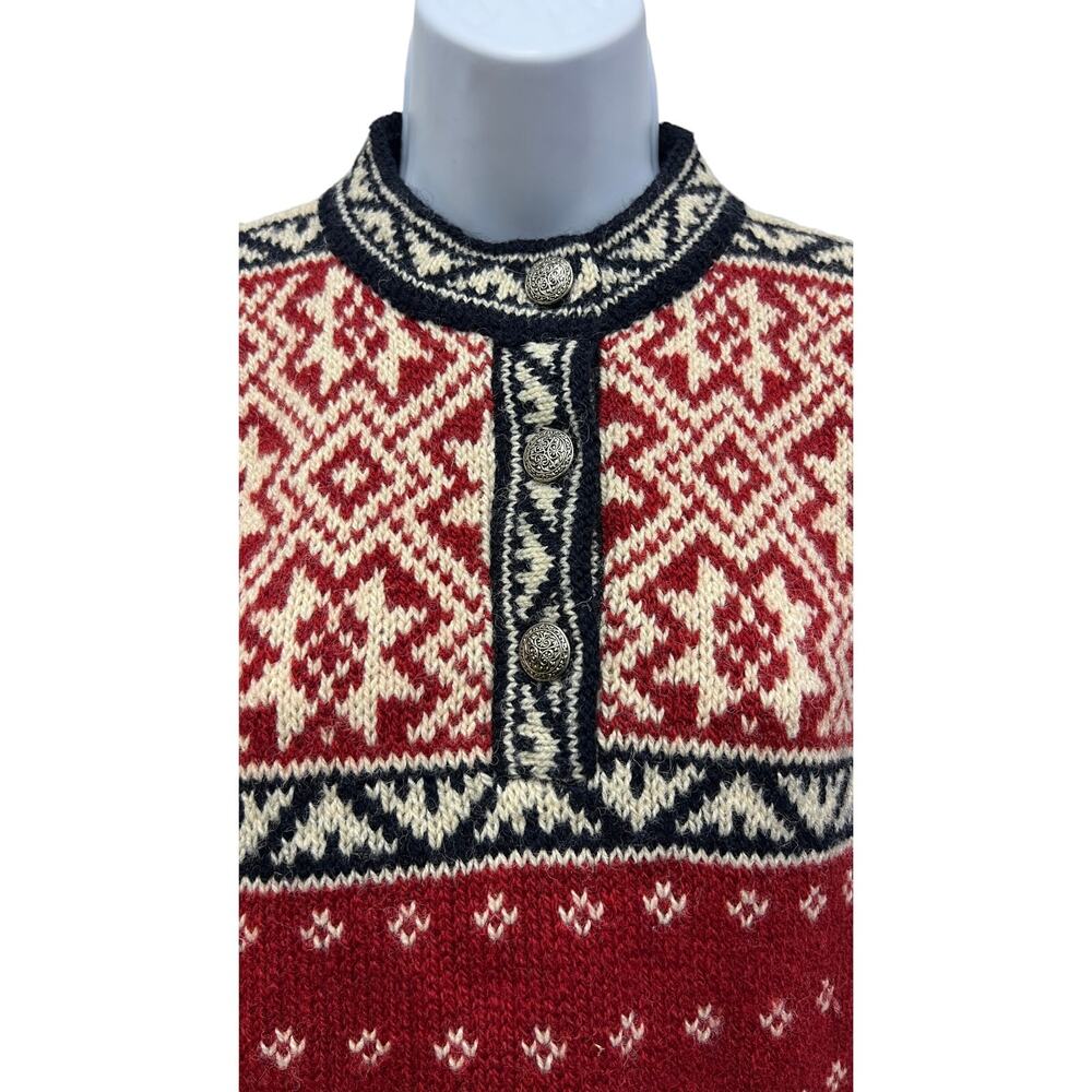 L.L. Bean Norwegian Sweater S Red Wool Blend Fair Isle Vintage USA Made Freeport - Picture 2 of 4